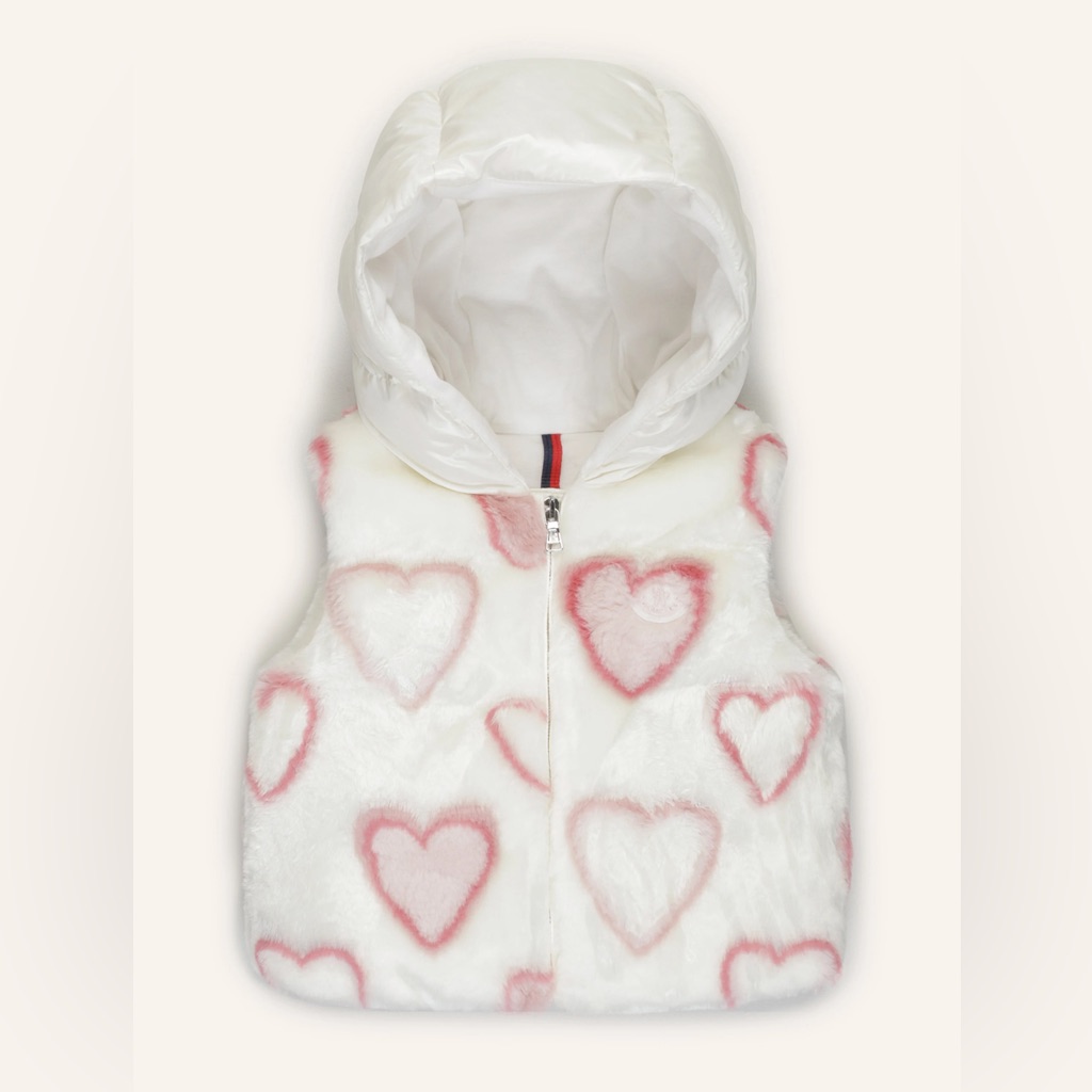 Authentic Kids Moncler Adolis Hooded Fur Vest Beige With Pink Hearts Sz 3y